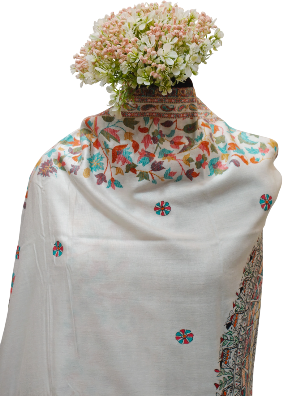 Exquisite Handpainted Madhubani Pashmina Shawl on White